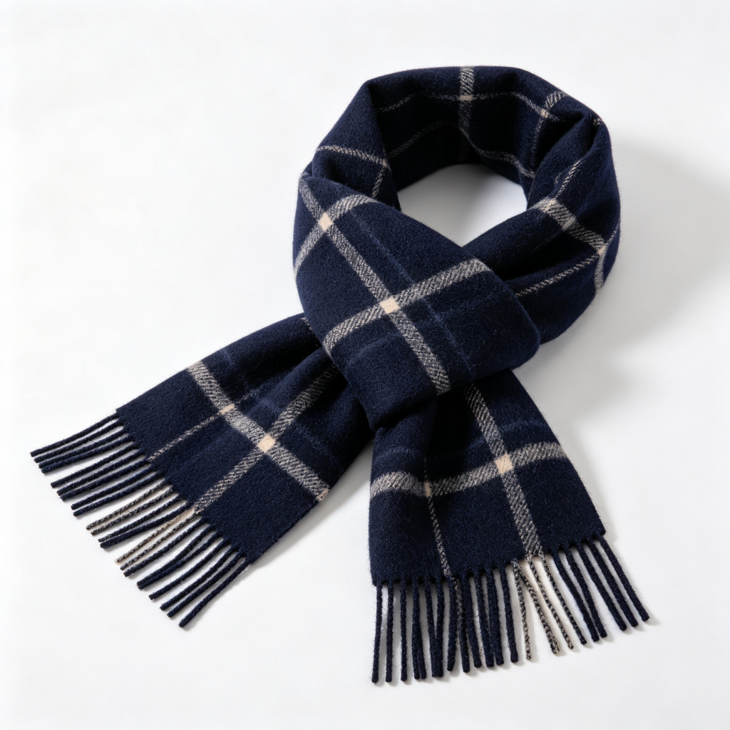 Navy Plaid Wool Scarf