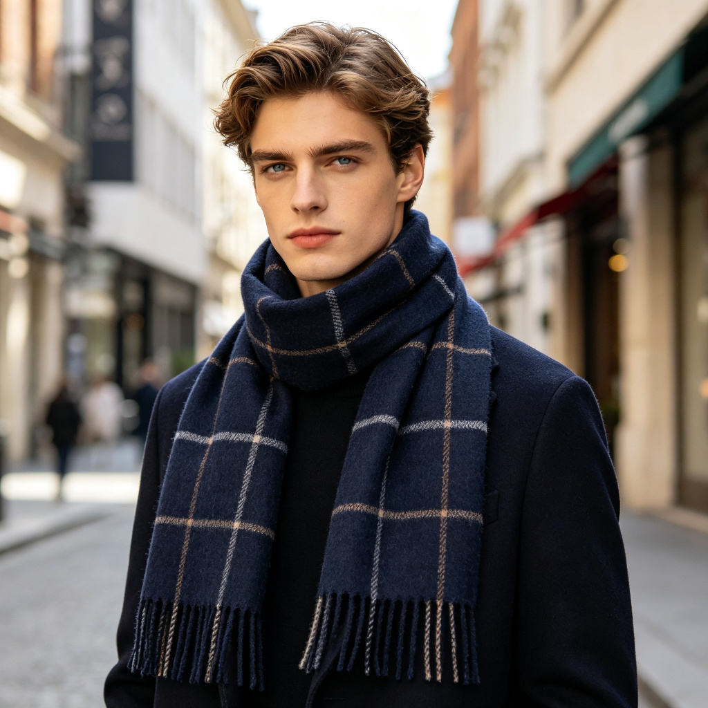 Navy Plaid Wool Scarf