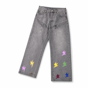 Gray Washed Lightning-Patch Straight-Leg Jeans - View 1