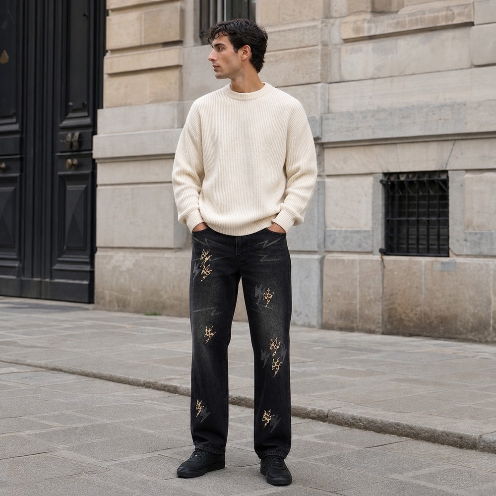 Black Washed Leopard Lightning Straight-Leg Jeans - View 5