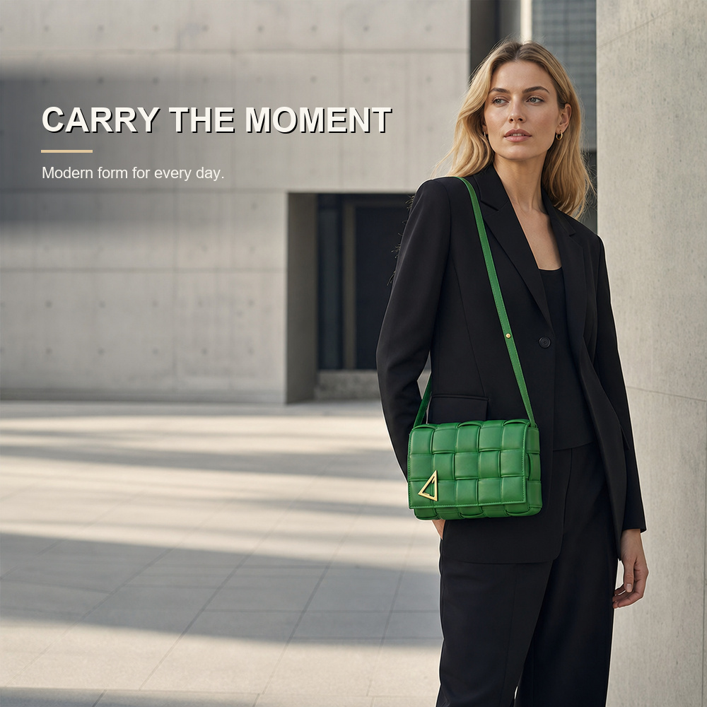 Green Padded Woven Flap Shoulder Bag - View 3