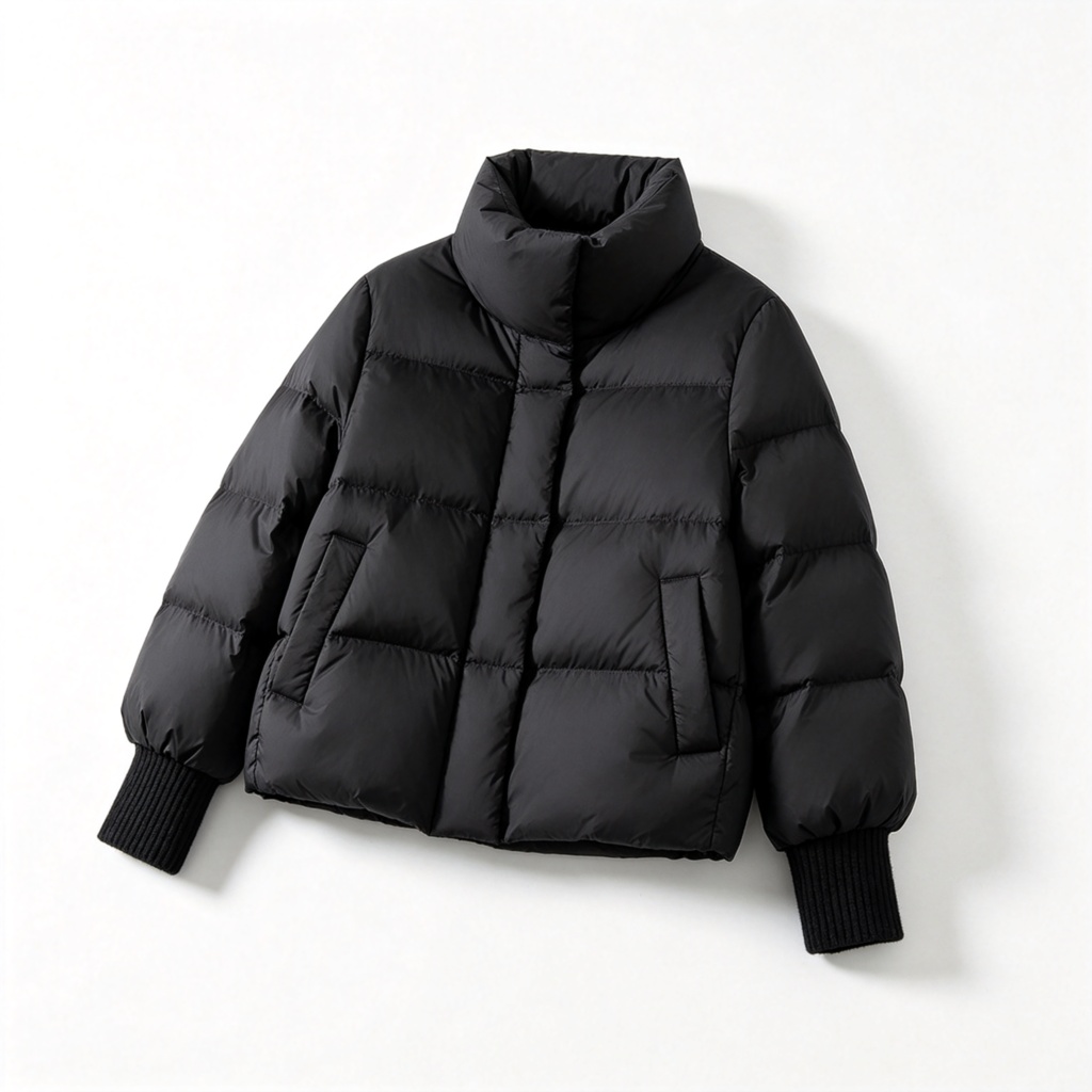 Black Cropped Stand-Collar Down Jacket