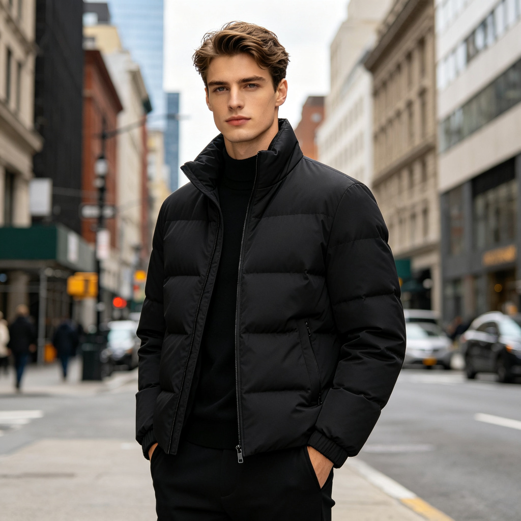 Black Cropped Stand-Collar Down Jacket