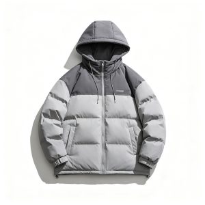 Gray Color-Block Hooded Down Jacket