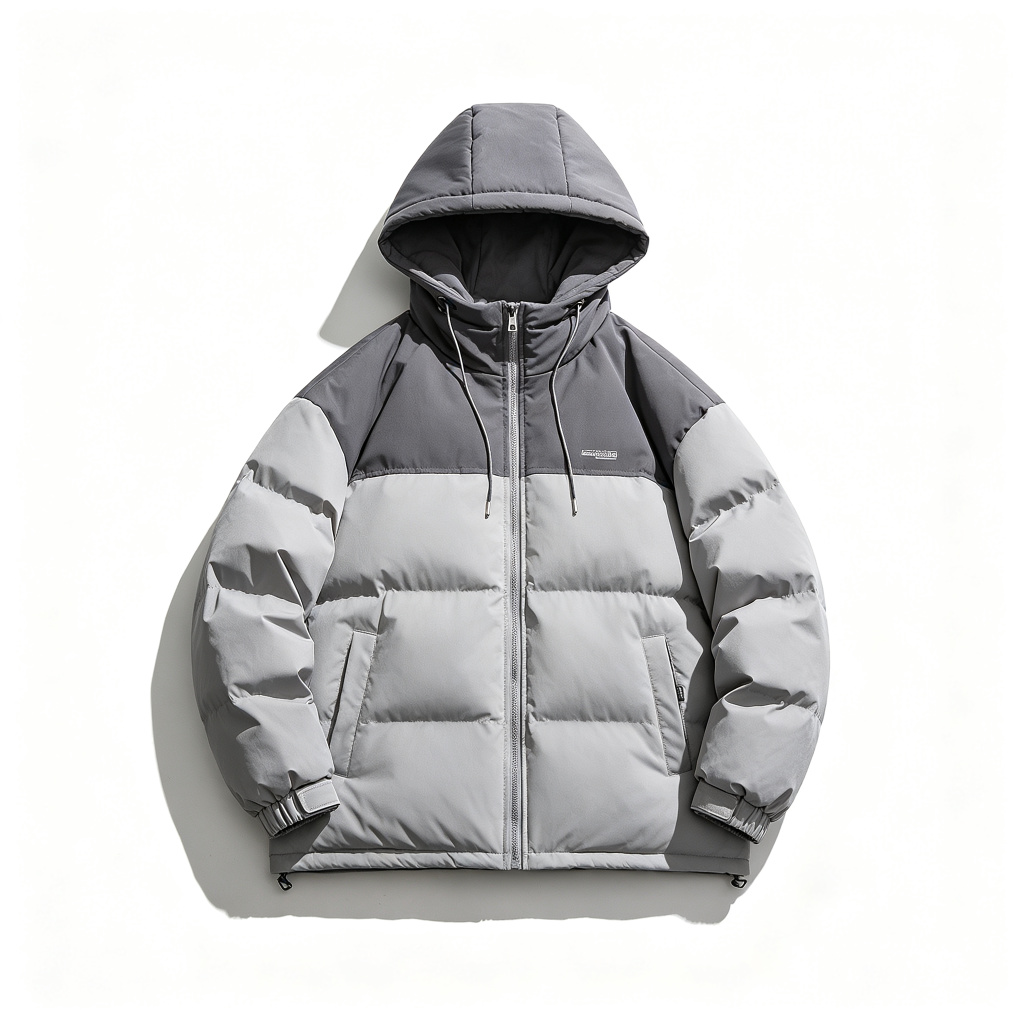 Gray Color-Block Hooded Down Jacket