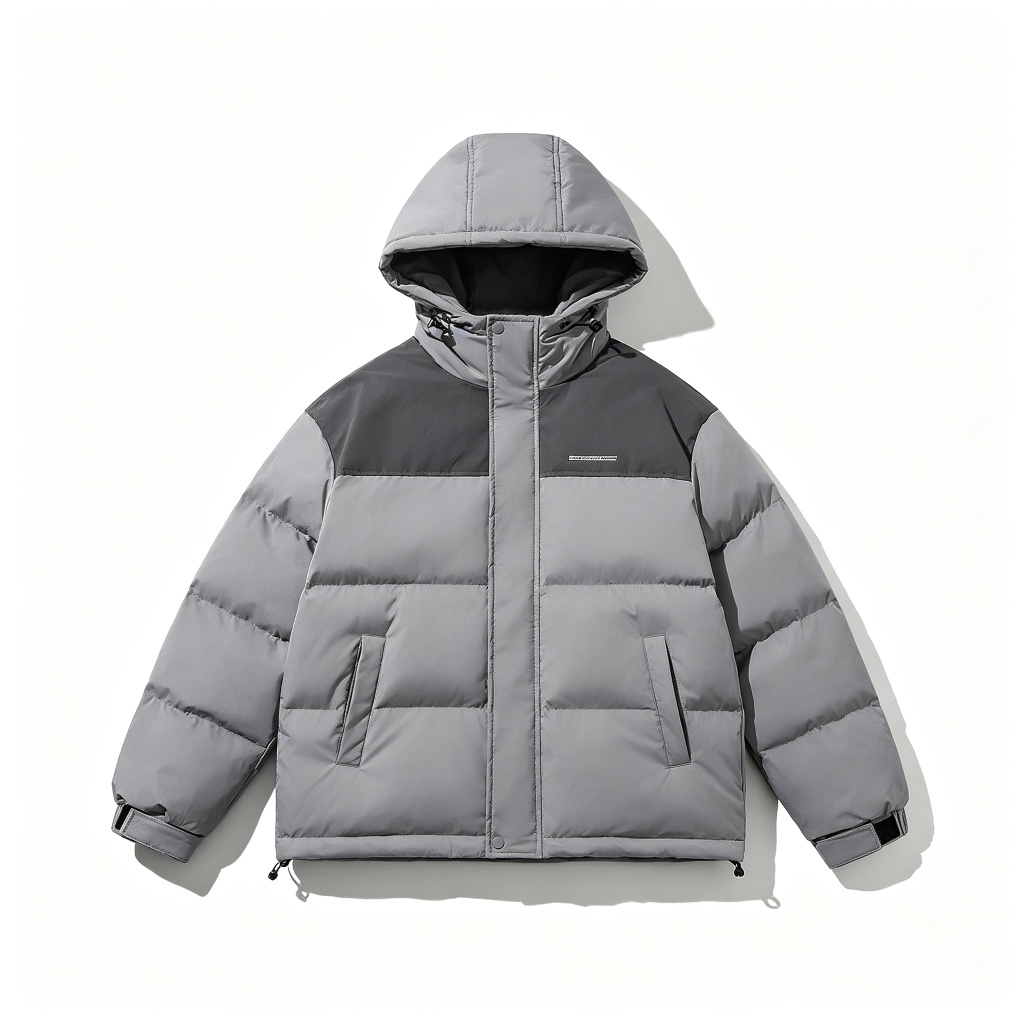 Gray Color-Block Hooded Down Jacket