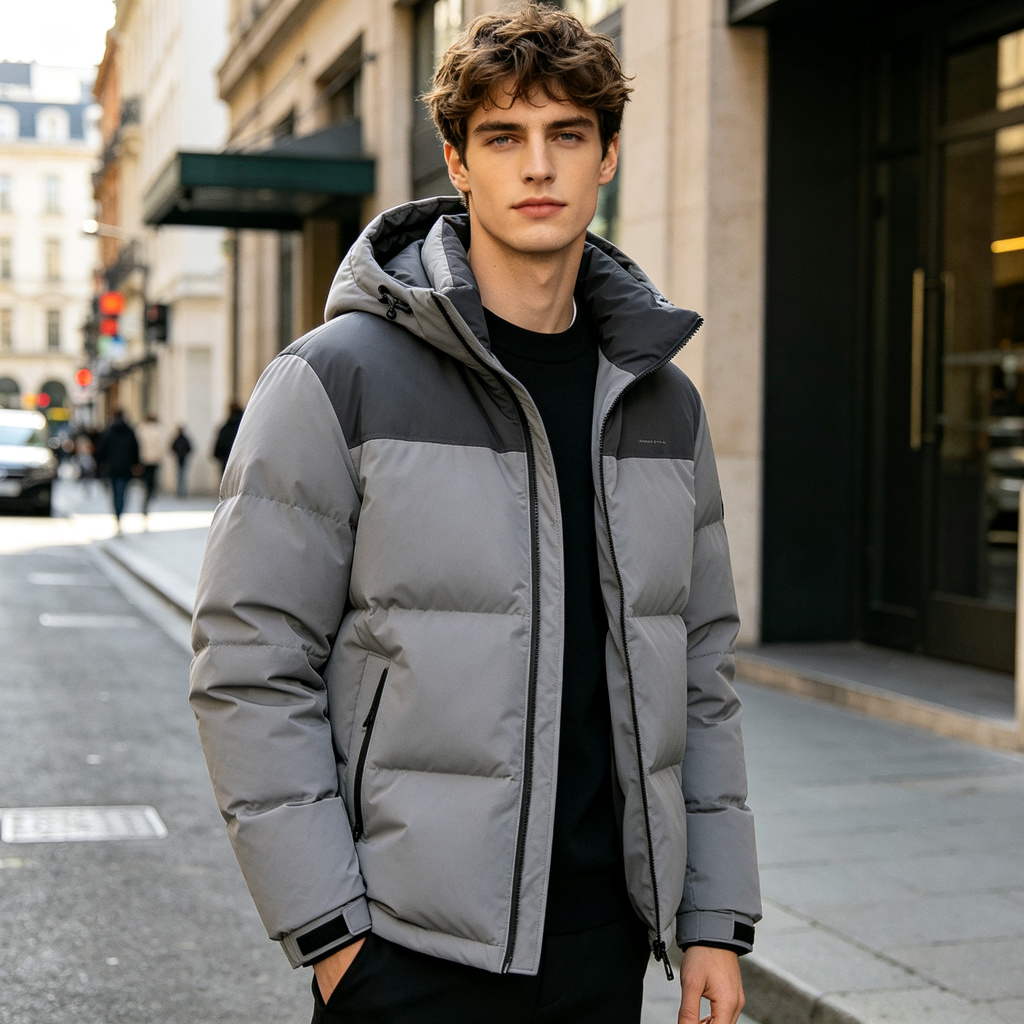Gray Color-Block Hooded Down Jacket