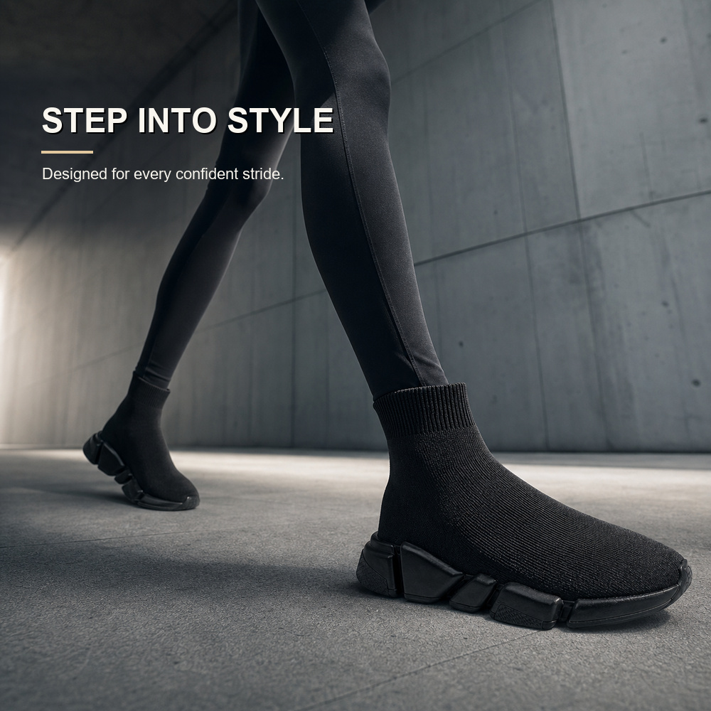 Black Knit Sock Sneakers with Segmented Sole - View 4