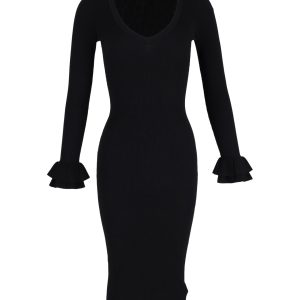 Michael Kors Kleid – V-Ausschnitt, gestrickt, Schwarz, Viskose