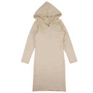 Kleid – Hellbraun, Baumwolle, Langarm, mit Kapuze, Midi