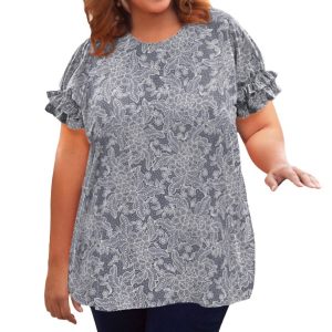 Bluse – Kurzarm, Rüschen, große Größen, Grau, Blumenmuster