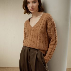 Damen-Pullover – Zopfstrick, Wolle, Kaschmirmischung