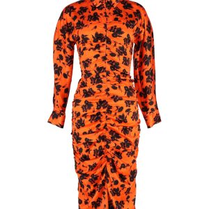 Ganni Kleid – gerafft, Blumenmuster, bedruckt, Midi, Orange, Seide, 7748677173308