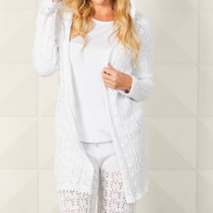 Kapuzenpullover – gehäkelt, lang, Strickjacke, Weiß