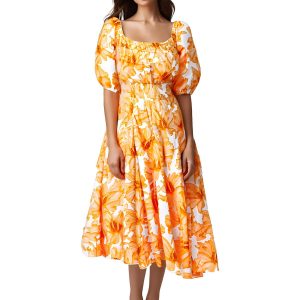 Kleid – Blumenmuster, bedruckt, Baumwolle, Midi