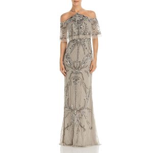 mit Perlenverzierung – schulterfrei – Abendkleid