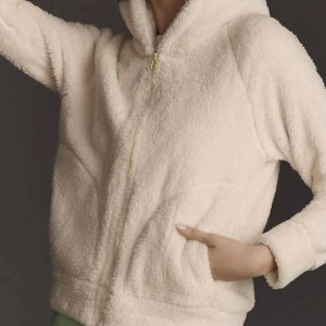 Kapuzenpullover – Kunstfell, Reißverschluss, Cremefarben, Limettengrün