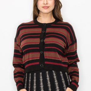 Strickjacke – Streifenmuster, Bordeauxrot, Schwarz, verkürzt, 7833131483196