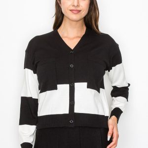 Strickjacke – Schwarz, Weiß, Kontrast, gestrickt, 7833699614780