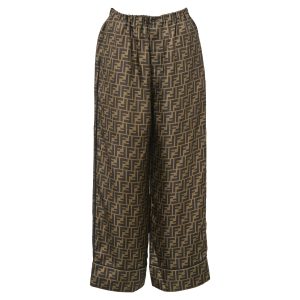 Fendi Hose – Logo, weites Bein, Braun, Seide, 7766489366588