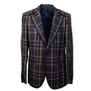 Einreihiger Blazer – Marineblau, Karomuster, Seide, Leinen