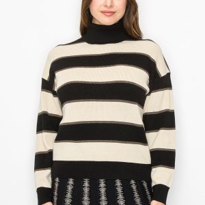 Pullover – Schwarz, Sahne, Streifenmuster, Rollkragen, 7832927600700
