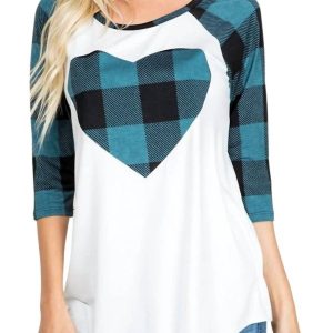 T-Shirt – Karomuster, Herzmotiv, Raglan, Blaugrün, Weiß, 7766649503804