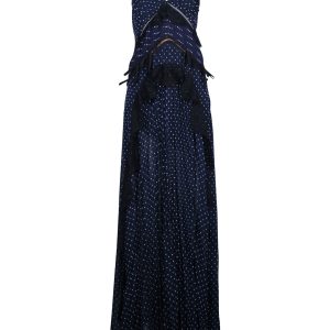 Self-Portrait Kleid – Punktmuster, bedruckt, Maxi, Marineblau, Polyester, 7748715905084