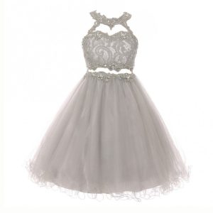 Mädchen (größere Größen) – Silber – mit Strass – Neckholder – mit Spitze – Tüll – Junior – Brautjungfernkleid – 8-20