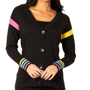 Strickjacke – Mehrfarbig, Streifenmuster, Knopf, Schwarz