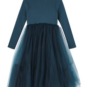 Mädchen-Pullover – gerippt, Tüll, Kleid, Blau