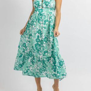 Kleid – Neckholder, Rüschen, Midi, Grün, Blumenmuster