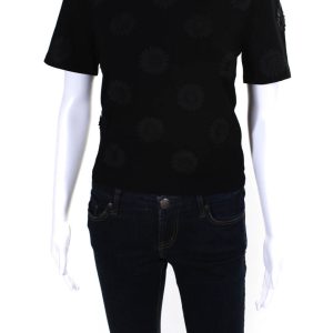 Valentino Damen-Top – Kurzarm, Rundhalsausschnitt, gestrickt, Blumenmuster, Schwarz, 7833257869372