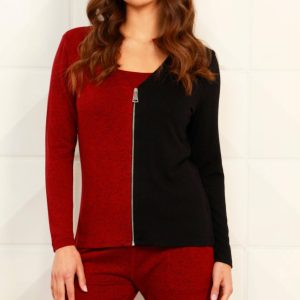 Strickjacke – Colorblock, V-Ausschnitt, Reißverschluss, Schwarz, Weinrot