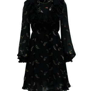 Chloé Kleid – Paisley, Rüschen, Mini, Schwarz, Baumwolle, 7766516826172