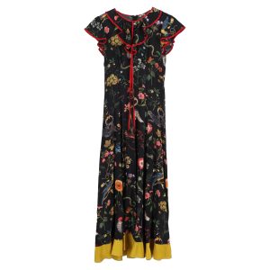 Red Valentino Kleid – Blumenmuster, bedruckt, Maxi, Schwarz, Seide, 7833172475964