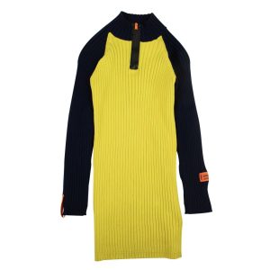 Kleid – Marineblau, Gelb, gerippt, gestrickt