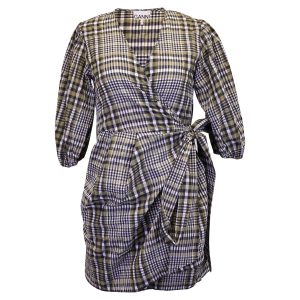 Ganni – Wickeloptik – Minikleid – Karomuster – Braun – Baumwolle – 7748729438268