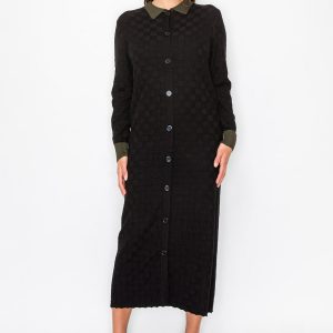 Schwarz – gestrickt – Midikleid – Olivgrün – Besatz – 7833692176444