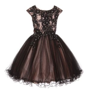 Mädchen (kleine Größen) – Altrosa – Schwarz – mit Strass – mit Stickerei – mit Spitze – Blumenmädchenkleid – 4-6