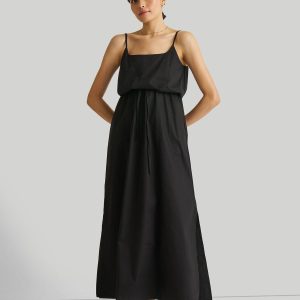 Kleid – mit Trägern, Maxi, Schwarz
