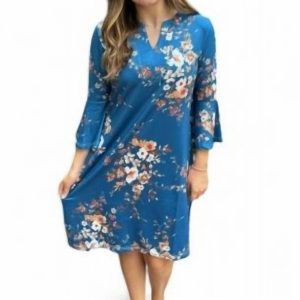 Kleid – Blumenmuster, bedruckt, Blau, Braun