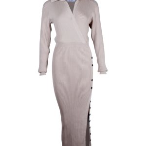 Self-Portrait Kleid – Rippstrick, Langarm, Beige, Viskose, 7748687102012