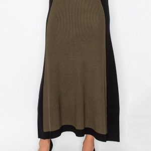 Rock – Olivgrün, Schwarz, Colorblock, gestrickt, 7833692864572