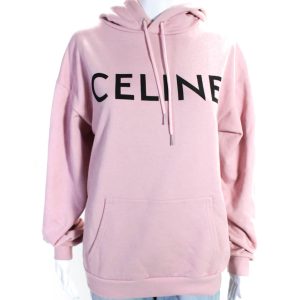 Celine Damen-Pullover – Baumwolle, Grafikmotiv, bedruckt, Vordertasche, Kapuzenpullover, Rosa, 7833232638012
