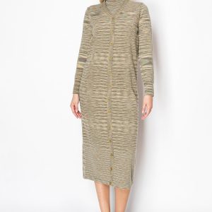 Kleid – Olivgrün, Streifenmuster, mit Knopfleiste, Midi, 7832917934140