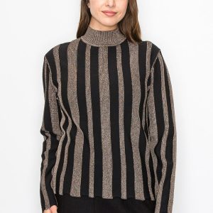 Top – Metallic-Optik, Streifenmuster, Stehkragen, 7832918130748