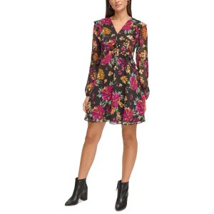 V-Ausschnitt – Mini – körpernahes Oberteil und ausgestellter Rock – Kleid