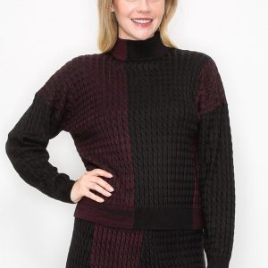 Pullover – Bordeauxrot, Schwarz, Colorblock, Zopfstrick, 7832926650428