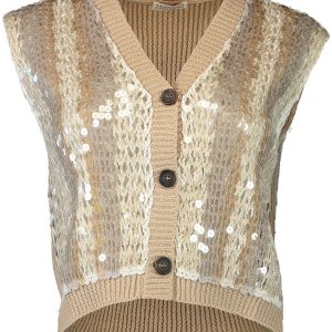 Brunello Cucinelli Damen-Weste – mit Pailletten, Streifenmuster, Braun